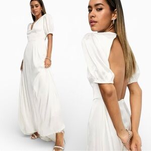 ASOS Anaya Bridal Dress Satin Maxi Ivory Open Back Long Train Modern NWT | Sz 12